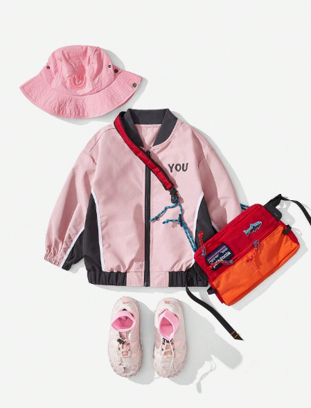 Explorewe Young Girl Girls' Casual Patchwork Color Block Baseball Jacket, Suitable For Outdoor Play And City Streetwear