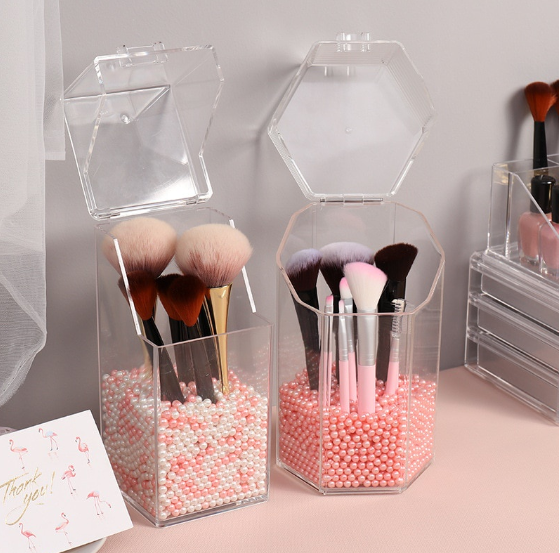 Transparent Acrylic Makeup Holder Brush Holder Desktop Organiser With Lid Dustproof Makeup Bucket