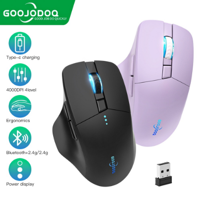 Ergonomic Mouse Wireless for Laptop Bluetooth Rechargeable Silent Tablet Phone Android Purple Black