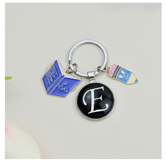 1Pcs Simple Glass 26 Letter Keychains Fashion Book Pencil A-Z Initials Keyrings Student Gifts Souvenir Handbag Pendant Ornament E