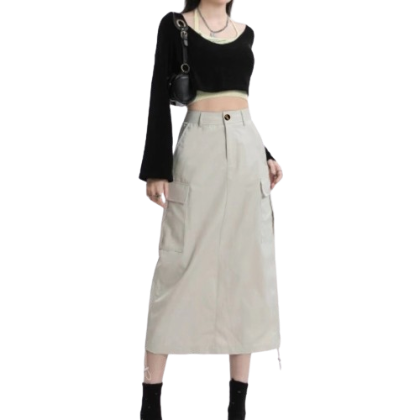 Lovito Women Casual Plain Pocket Drawstring Skirts LNE27227 (Apricot)