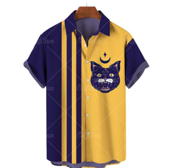 Cartoon Black Cat Style Men's Short Sleeve Shirt Advanced 3D Printing Pattern Beautiful Fashion Colorfast Polyester Material Comfortable Fit For Young People Like Cartoon