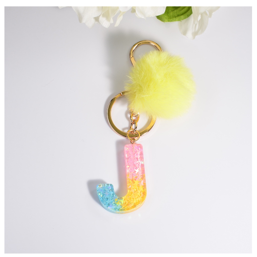 Fashion A-Z 26 Letters Iridescent Keychains Star Sequins Filling Resin Keyrings Women Bag Ornaments Exquisite Key Holder Charms J