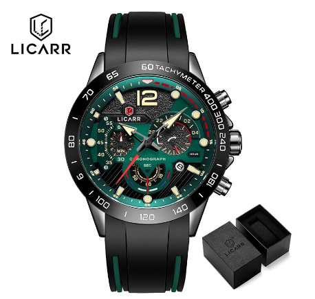 LICARR Brand Men Watch Original Fashion Sport Casual Chronograph Quartz Men's Watches Waterproof Luminous 9511 GREEN