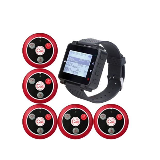 Retekess T128 Restaurant Pager System Waiter Customer Calling System Buzzer User Defined Watch Pagers 1 Pc. Watch Receiver 5 Pcs. 4