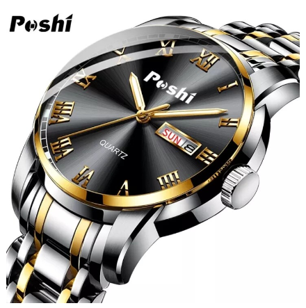POSHI Original Men Wristwatch Automatic Week Calendar Waterproof Luxury Quartz Watch SILVER GOLD BLACK