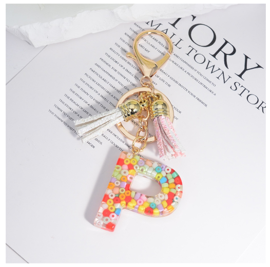 Colorful Beades Filled A-Z 26 Letter Keychains For Women Fashion Initials Keyring With Tassel Bag Pendant Accessories Souvenir P