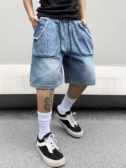 Manfinity EMRG Men's Drawstring Wide Leg Loose Fit Casual Cargo Denim Shorts