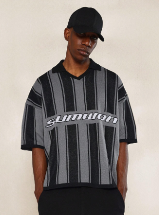 SUMWON Knit Stripe Polo Shirt With Front & Back Jacquard Print