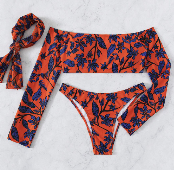 SINO.TREND Swimming Suit Woman Leaf Printed Long Sleeve Off Shoulder Bikini Set Female Tribal Swimming suit Women Swimwear Bather Bathing Suit Lady