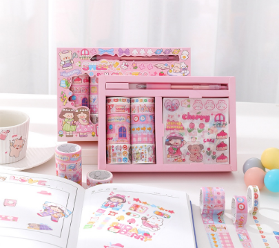 Imoda 21sheets/box Lovely Cartoon Stickers Washi Tape Set with Pen Cutter Diary Decoration Scrapbook DIY Birthdays Gift Box for Children