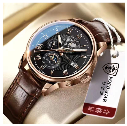 POEDAGAR watch for men water proof original 2023 new fashion multifunctional genuine leather calendar display wristwatch Watch GOLD BLACK