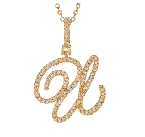 Fashion A-Z Initial Cursive Letters Pendant Necklace For Women Gold Color Shiny Rhinestone Chain Necklace Jewelry Gift U