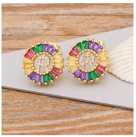Colorful Choice 26 Initial Letters Earrings Cute Alphabet Copper CZ A-Z Rainbow Stud Earrings Name Jewelry R