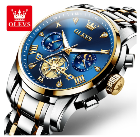 Olevs Watch For Men Waterproof Original Quartz Luminous Stainless Steel Multifunctional Watch BLUE DIAL TWO TONE