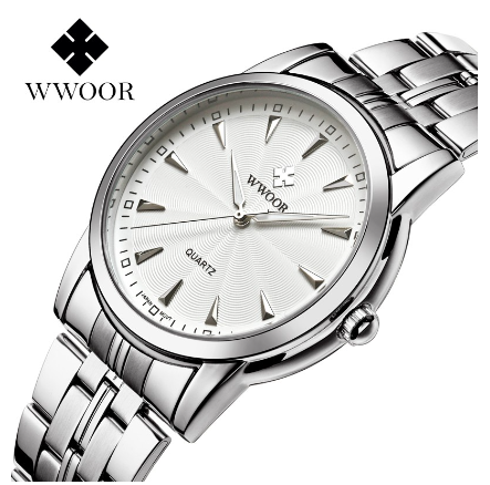 Wwoor Watches For Men Business Stainless Steel Wristwatch Waterproof Quartz Watch WHITE DIAL SILVER CASE STRAP