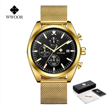 Wwoor New Fashion Men Watches Top Brand Luxury Blue Chronograph Full Steel Waterproof Quartz Sports Watch BLACK DIAL GOLD STRAP