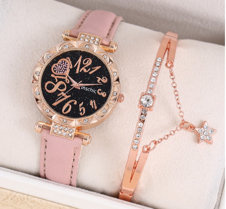 (Watch + Bracelet) Waterproof Black Leather Strap Watch for Women