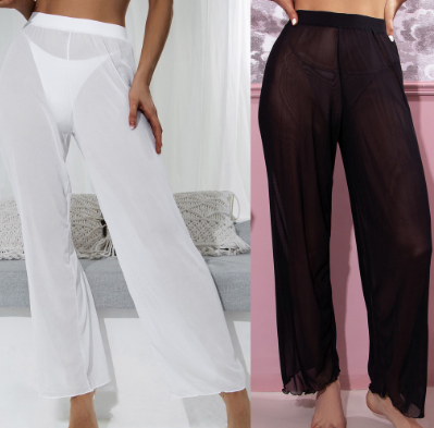 Women Mesh Ruffle Trim Cover Up Pants Beach Cover Up Beach Wrap Bikini Shiny Wraps Cover Ups For Swimwear Ruffle Pants