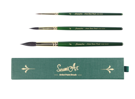 SeamiArt 3pcs Artist Pointed Round Sable Squirrel Brush Gift Set Short Green Handle Painting Brush For Watercolor