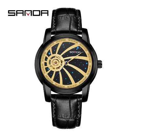 Sanda Official Star Sky Fully Automatic Mechanical Steel Band Watch Men's Glow Swimming Watch  GOLD BLACK LEATHER STRAP