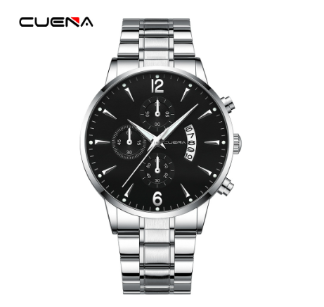 Original CUENA Men's Watches Fashion Slim 43CM Dial Casual Business Sports Stainless Steel Waterproof Quartz Analog Watch SILVER BLACK