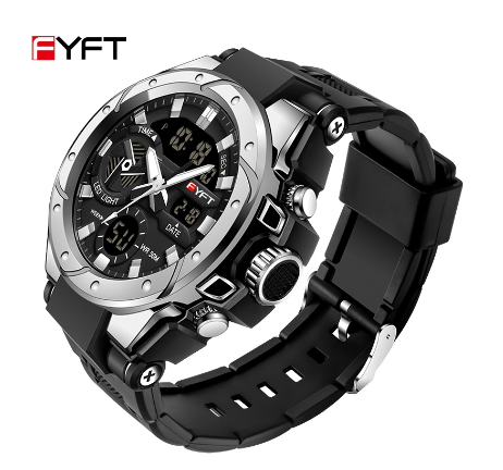 FYFT Sports Brand Fashion Luxury Waterproof Men Watch Time Code Watch Alarm Clock Multifunctional Men's Watch SILVER