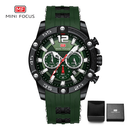 Mini Focus Watch Men Luminous Chronograph Waterproof Sports Silicone Analog Quartz Watch BLACK GREEN