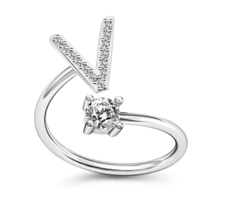 Simple Rhinestone 26 Letter Rings For Women Sliver Color Initials Adjustable Ring Opening Finger Accessories Wedding Jewelry V