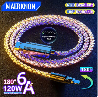 120W 6A USB Type C Cable 180 Degree Rotate Fast Charge Phone Cable RGB Breathing Light Data Wire Cord For Xiaomi Micro USB Cable