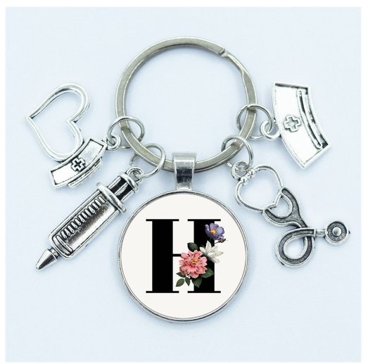 1Pcs Creative Stethoscope Syringe 26 Letter Keychains Nurse Cap Initials Metal Keyrings Bag Ornaments Charms Gifts Souvenir H