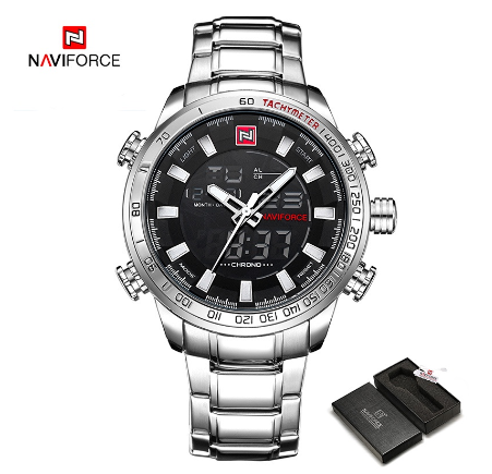 Naviforce Men Gold Dual Time Casual Fashion Stainless Steel Luminous Waterproof Wristwatch SILVER