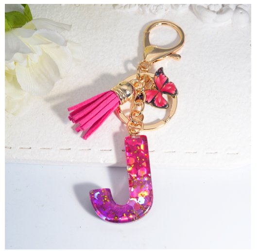 Fashion Gradient A-Z Letter Keychains Sweet Butterfly Tassels Pendant Alphabet Keyrings Name Initials Key Chains Accessories J