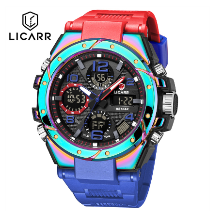 LICARR Brand Casual Men's Watches Original Waterproof Military Sport Men Watch Fashion Chrono Date Week Alarm Clock 9515 ILLUSION BLUE