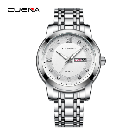 CUENA men's watch original brand luxury fashion business quartz waterproof  Watch SILVER WHITE