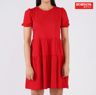 Bobson Japanese Ladies Basic Puff Sleeve Dress For Women Trendy Regular Fit 141031 Tango Red