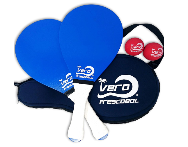 Frescobol Starter Set, 2 Vero Wood Paddles, Premium White Padded Grips, Neoprene Case, 2 Official Red Balls