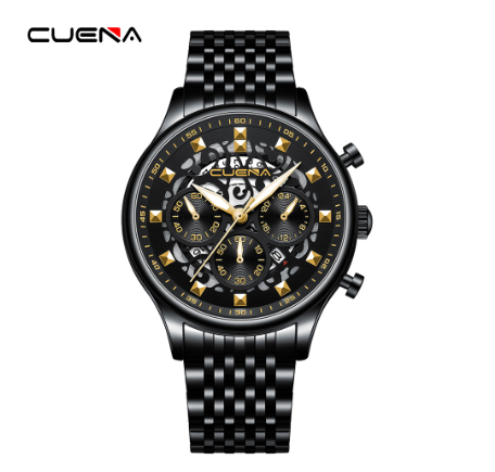 CUENA Original Brand New Men's Watches Mechanical Unique Style Creative Design Dial Stainless Steel Fashion Casual Business Sport Watch  BLACK GOLD
