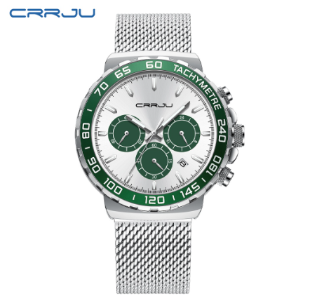 CRRJU Mens Watches Stainless Steel Waterproof Analog Quartz Fashion Business Multifunction Timing Auto Date 2300 X GREEN