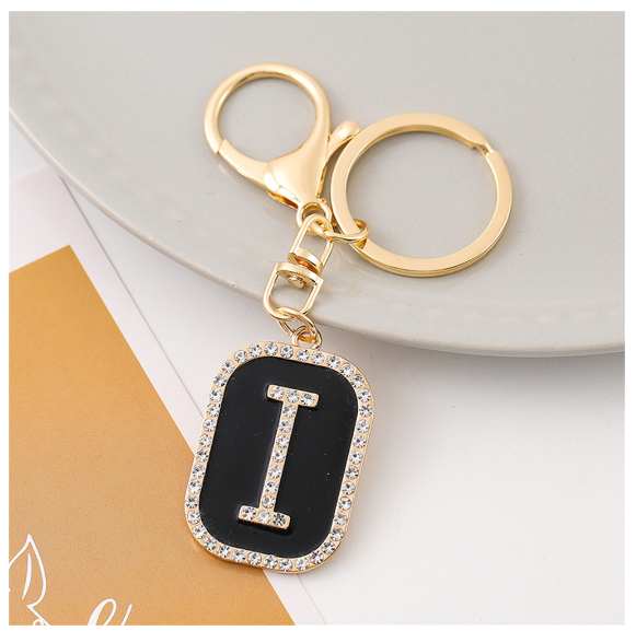 Exquisite Rhinestone 26 Letter Keychain Simple Black Enamel Initials Keyrings For Women Bag Pendant Ornament Car Keyholder Gifts I