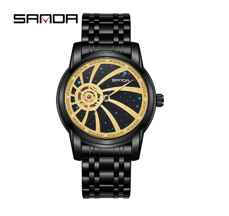 Sanda Official Star Sky Fully Automatic Mechanical Steel Band Watch Men's Glow Swimming Watch  GOLD BLACK STEEL STRAP