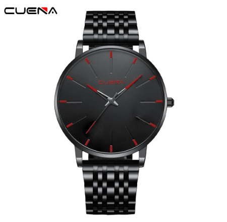 CUENA Men's Watch Simple Design Fashion Business Analog Quartz Stainless Steel Waterproof 6029 BLACK RED