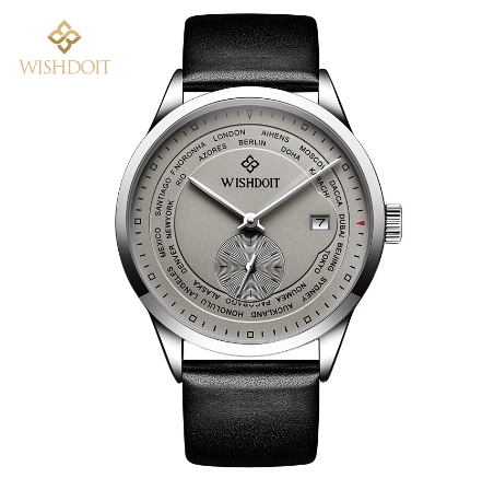 WISHDOIT Watch For Men Original Waterproof Leather Strap Business Fashion Luminous Automatic Mechanical Wristwatch GRAY