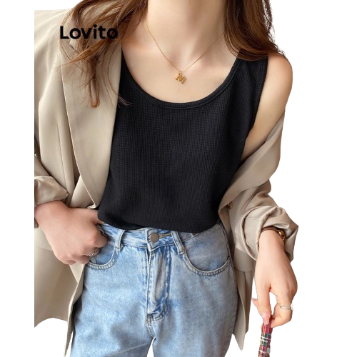 Lovito Women Casual Plain Basic Tank Top LNA30253 (Black)