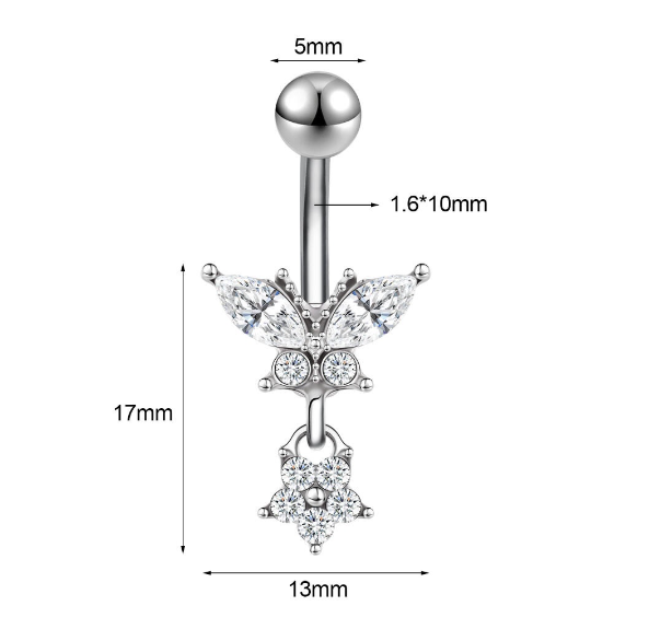1PC Stainless Steel Navel Ring Crystal Pendant Navel Piercing Butterfly-pattern Wing-shape Heart-shape Prevent Allergy Navel Ring S21