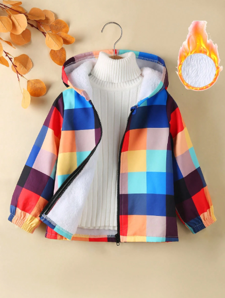 Girls Casual Fashionable Colorful Plaid Hooded Loose Fit Long Sleeve Windbreaker Jacket For Fall/Winter