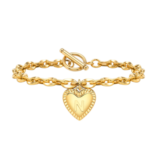 Vnox A-Z Letter Heart Charms Bracelet for Women Girl 18K Gold Elegent Love Stainless Steel Link Chain Initial Jewelry Birthday Present N
