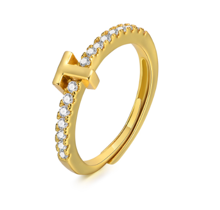 Vnox 26 Lettes Gold Luxury Ring,Shiny Zircon Initial Ring,Opening Adjustable Rings for Women T
