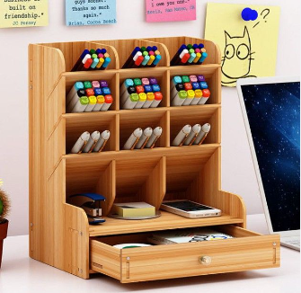 DHD Wooden Desk Organizer Multi-Functional DIY Pen Holder Box Office Supplies Desk Organizer