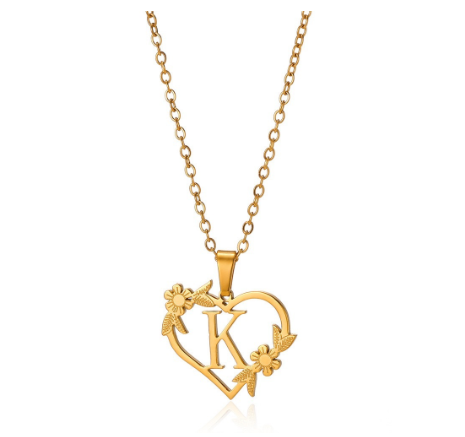 New Personalized Creative Gold Plated Stainless Steel Love Flower Hollow Heart A-Z Letter Necklace Initial Name Pendant Women's K